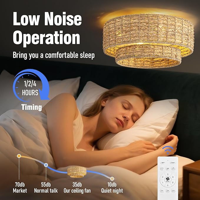 Boho Caged Ceiling Fans with Lights Flush Mount,Layered Rattan Ceiling Fan with Light Remote Control,Reversible 6 Speeds for Bedroom,Nursery,Living Room