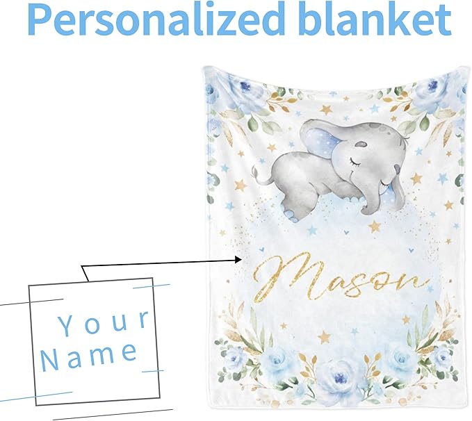 Elephant Baby Blanket Personalized Blanket with Name for Boy, Custom Name Blanket for Newborn Boy, Soft Flannel Toddler Blanket Customized Gift for Birthday Christmas Baby Shower 30" X 40"