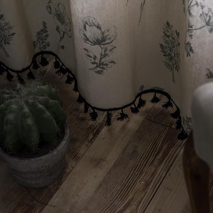 Boho Curtains 84 Inch Length 2 Panels Farmhouse Living Room Semi Sheer Drapes Vintage Floral Tassel Window Curtain Panel Bedroom Grey and Off White Cotton Linen Blend Rod Pocket Window Treatment