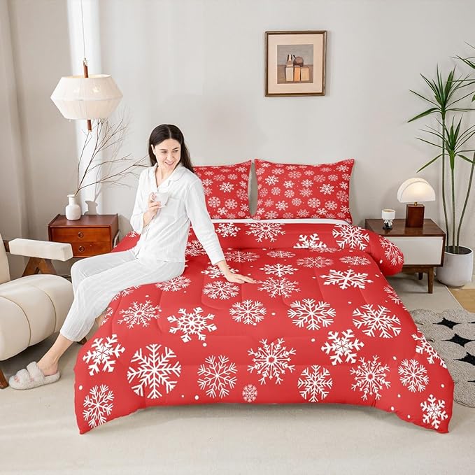 Feelyou Christmas Comforter Set All Season Winter Snowflake Bedding Set with 2 Pillow Cases Xmas Festival Microfiber Kids King Bedclothes Snowflake Red Bedroom Decor Duvet Quilt Breathable Soft