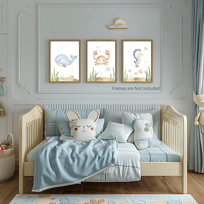 Wodkwq Nursery Wall Art Sea Animal Canvas Prints Baby Girl Boy Room Decor Watercolor Paintings Pictures Cute Ocean Theme Toddler Room Decoration Set of 3 for Kids Bedroom Bathroom 12x16in Unframed