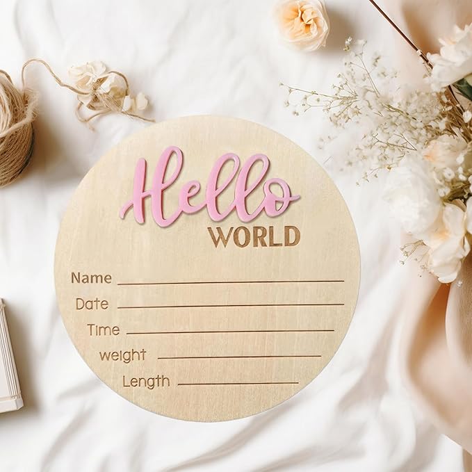 Baby Announcement Sign, 5.9 Inch Wooden Hello World Newborn Signs, Birth Announcement Sign, Baby Shower Hospital Nursery for Newborn Boys and Girls (Pink,Pen)