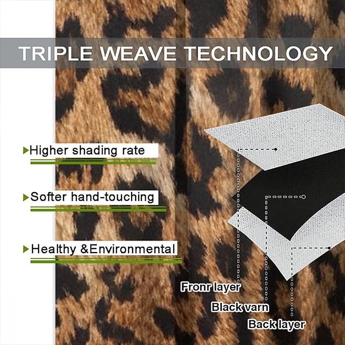 Leopard Print Window Curtains, Animal Fur Skin Brown Farmhouse Wild 3D Rustic Safari Theme Window Treatments for Kids Bedroom Living Room 55" W X 63" L