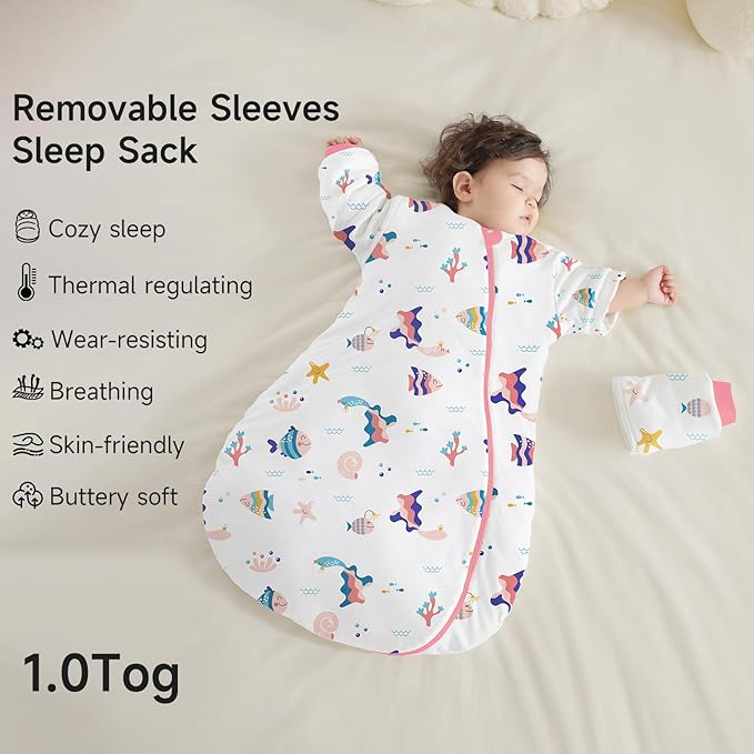 Baby Sleep Sack with Removable Sleeves, Breathable Wearable Blanket for Newborn & Toddler 6-36 Months, Cute Print
