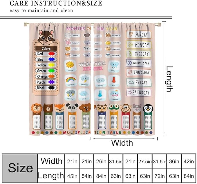 Funny Kids Educational Alphabet Curtain Cartoon Colorful Weather Multiplication Table Printed Rod Pocket Blackout Window Treatments for Bedroom Living Room 84" W X 84" L