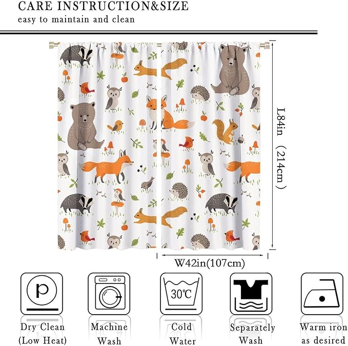 Forest Animal Curtains for Kids, Cartoon Safari Woodland Animals Window Treatments Cute Wild Jungle Bear Fox Deer Bear Window Drapes for Girls Boys Nursery Toddler Bedroom 84x84in
