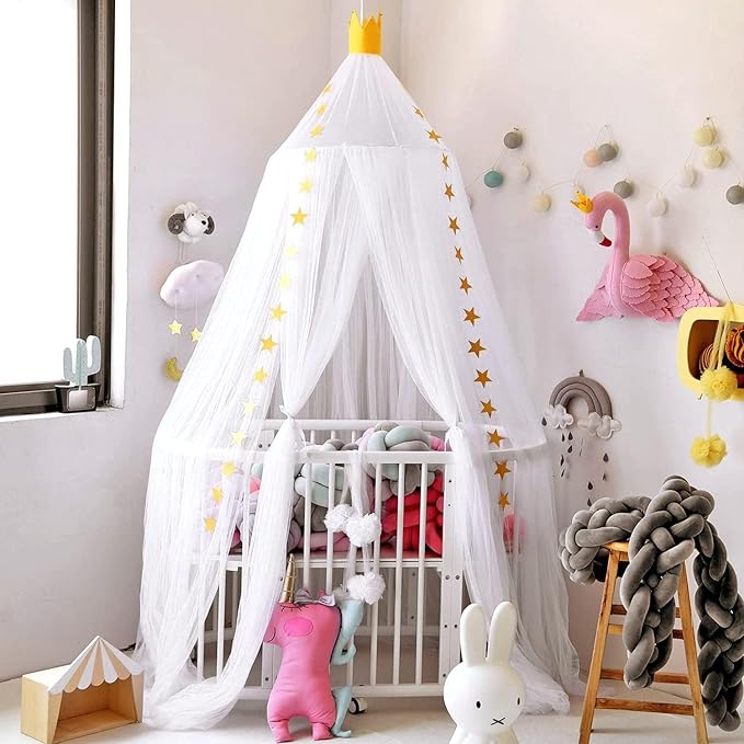 Princess Bed Canopy for Girls and Kids Hanging Mosquito Net for Baby Crib Nook Castle Game Tent Nursery Play Room Decor(White)