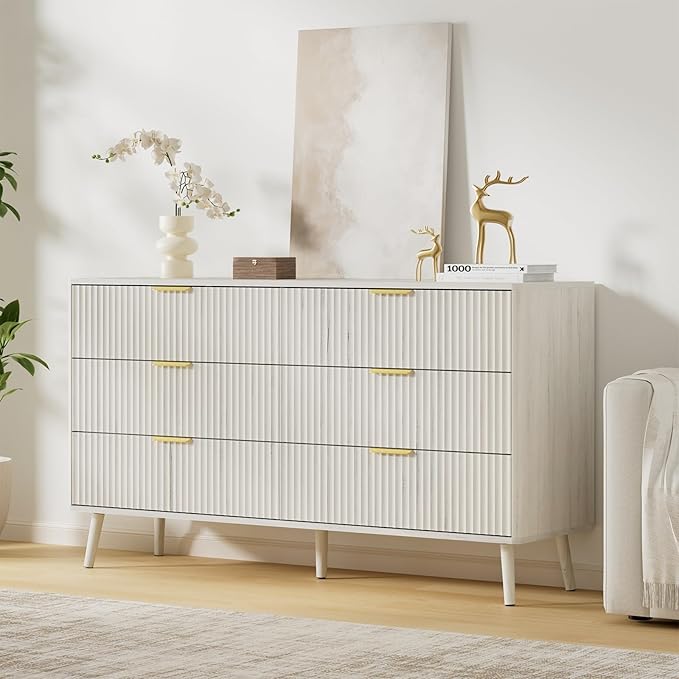 LYNSOM Fluted Dresser and Nightstand Sets 2 Piece, 2-Drawer Nightstands and 6-Drawers Dresser, Wood Bedroom Furniture Set for Home, Bedroom, Hallway, White
