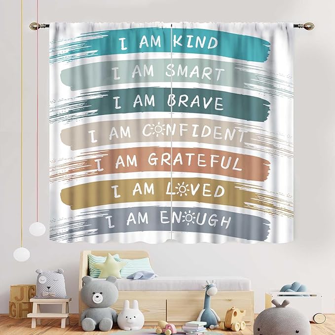 Rainbow Curtains for Classroom, Kids Girls Baby Boho Cute Inspirational Motivational Quotes Cartoon Colorful Pastel Nursery Classroom Bedroom Living Room Bathroom Window Drapes 2 Panels, 63"x72" Inch