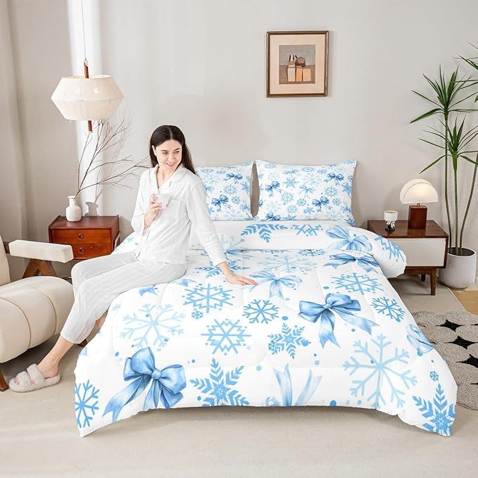 Lovely Bowknot Comforter Set Full Size,Dreamy Bowknot Dots Snowflake Kids Bedding Set,Winter Merry Christmas Girly Quilt Comforter,Blue White Duvet Insert,2 Pillowcases