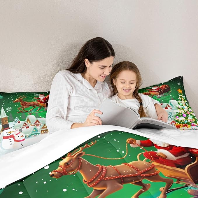 Manfei Christmas Comforter Set Queen Size, Snowman Xmas Tree Quilt Set with 2 Pillowcases, Santa Claus with Deer Bedding Set 3pcs for Kids Boys Girls Room Decor New Year Theme Duvet Insert