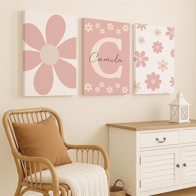 Personalized Girls Nursery Wall Art - Custom Name Stretched Canvas 3pc Framed Daisy Flower Wrapped Painting for Baby Room Kids Bedroom Initial Wall Decor Baby Shower Newborn Birthday Mother's Day Housewarming Christmas Thanksgiving Gift (60×90cm/23.6×3...