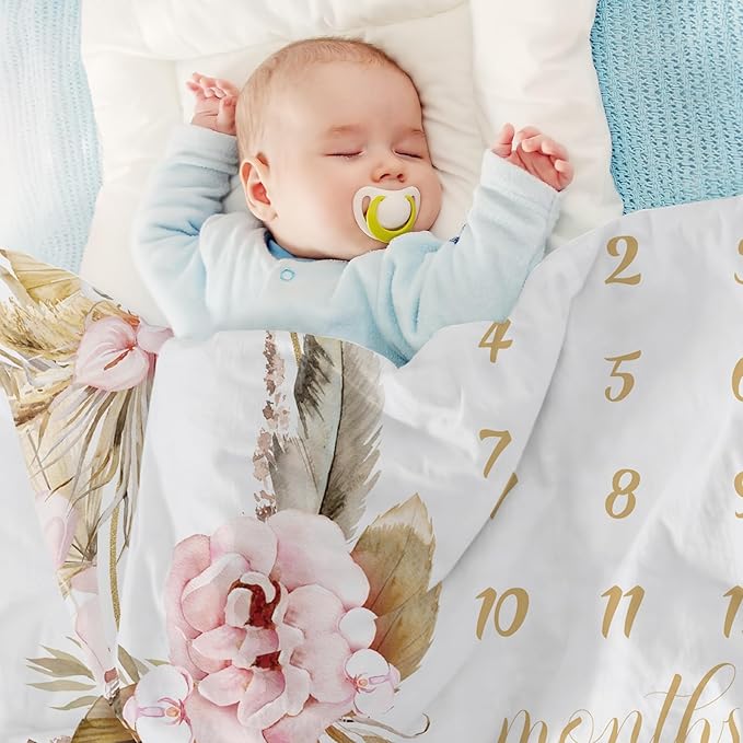 Chumia Baby Monthly Milestone Blanket for Girl Boy 59"x39" Floral Boho Photo Prop Blanket Baby Age Milestone with Felt Wreath Frame
