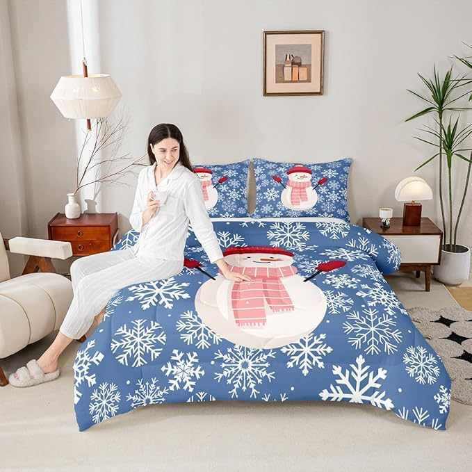 Feelyou Christmas Comforter Set Toddler Size Snowman Blue Bedding Set for Kids Boys Girls Xmas Snowflakes Duvet Quilt Winter Snow Bedroom Decor Microfiber 2 Pcs with 1 Pillow Cases