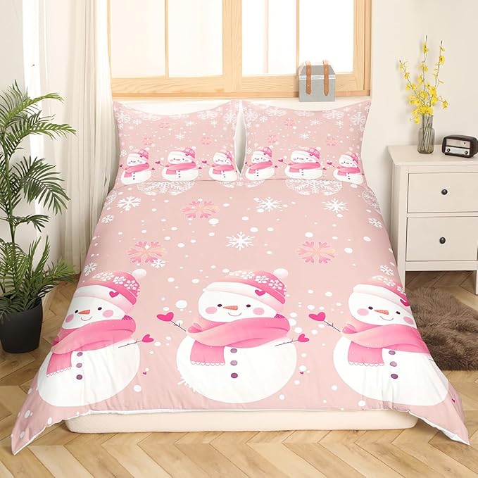 Manfei Kawaii Snowman Duvet Cover Set Queen Size, Cute Pink White Snowflake Comforter Cover with 2 Pillowcases, Christmas Theme Bedding Set 3pcs for Kids Girls Lightweight Bedspread Cover,No Comforter