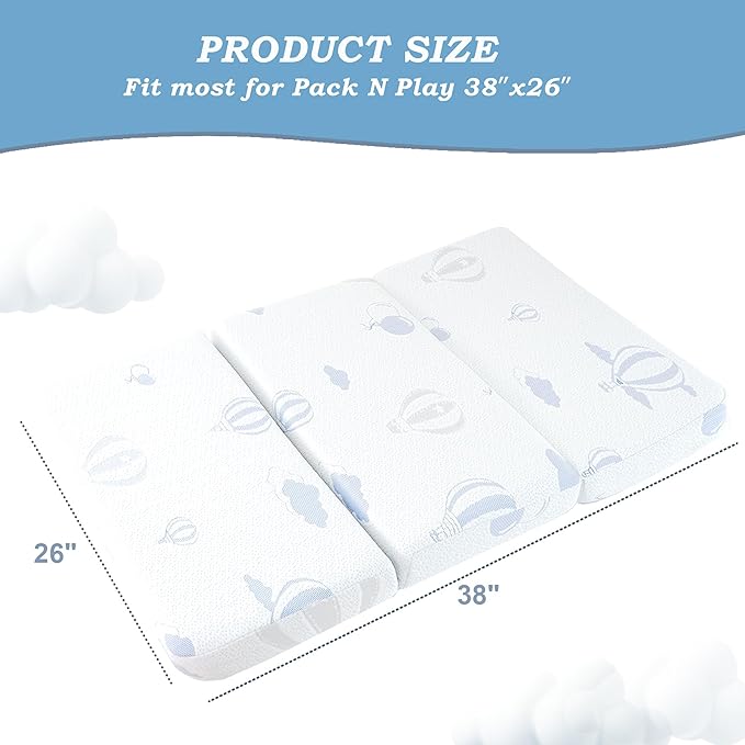Trifold Pack and Play Mattress - 38"x26" Pack N Play Mattresses Pad with Breathable Removable Cover - Dual-Sided Memory Foam Foldable Portable Baby Crib Mattress