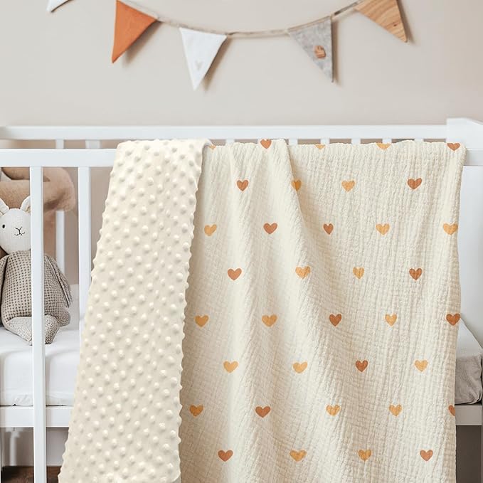 Heart Baby Blankets for Girls, Soft Nursery Minky Blankets with Muslin and Dotted Fleece Back 30x40 inches, Receiving Bed Quilt for Newborn, Infants, Toddlers