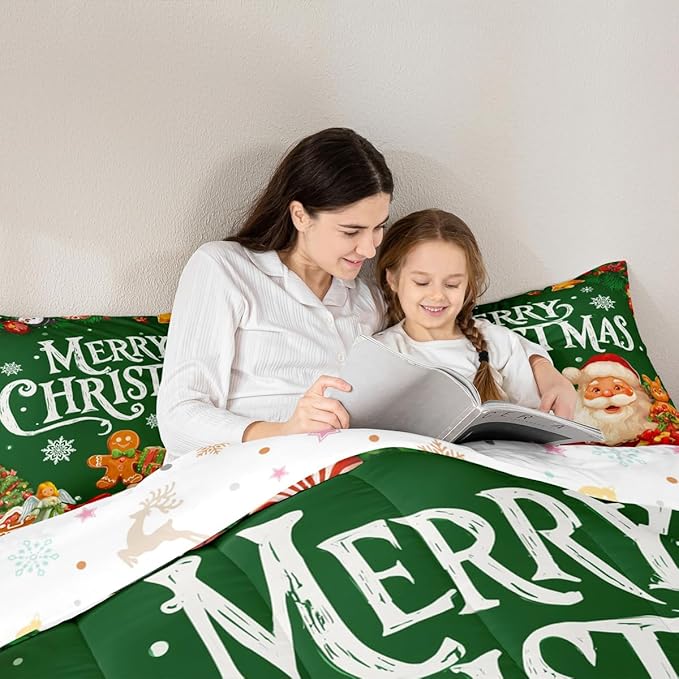 Feelyou Green Christmas Comforter Set All Season Santa Claus Bedding Set with 1 Pillow Cases Gingerbread Microfiber Kids Toddler Bedclothes Bedroom Decor Duvet Quilt Breathable Soft