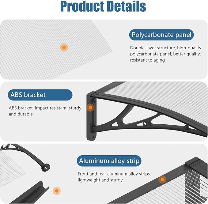 40''*40'' Window and Door Exterior, UV/Rain/Snow/Sunlight Protection Sheet,UPF 50+ Polycarbonate Overhang Canopy,House Overdoor Awnings for Door Entrance Outside/Patio/Porch/Deck