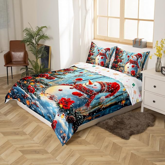 Manfei Christmas Kids Duvet Cover Set King Size, Cute Snowman Xmas Bedding Set for Boy Girls Room Decor, Red Flower New Year Comforter Cover, Lightweight Bedspread Cover, 2 Pillowcases, No Comforter