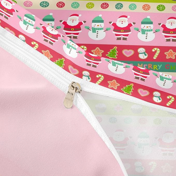 Cartoon Christmas Bedding Set for Kids Boys Girls Santa Claus Snowman Comforter Cover Set Pink Xmas Theme Duvet Cover Bedroom Decor Christmas Tree Bedspread Cover Queen Size Bedding Collection 3Pcs