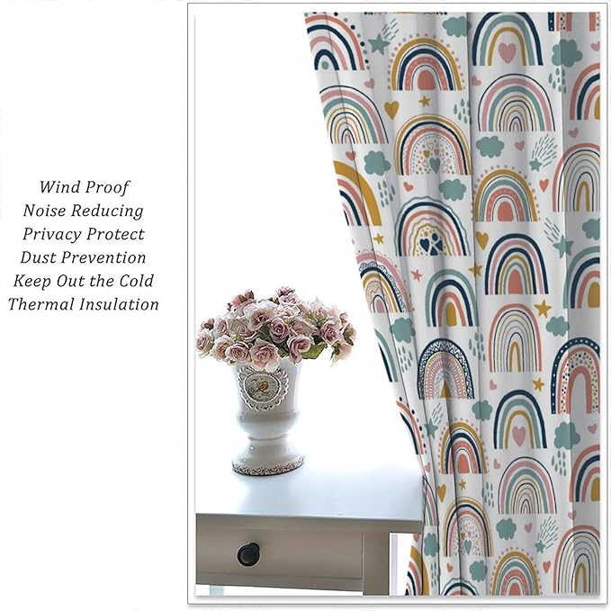 Kids Rainbow Curtains Boho Cartoon Colorful Stars Love Heart Lovely Abstract Art Pattern Print Window Drapes for Girl Bedroom Living Room Kitchen Decor,2 Panel Set,42Wx45H Inch Blackout