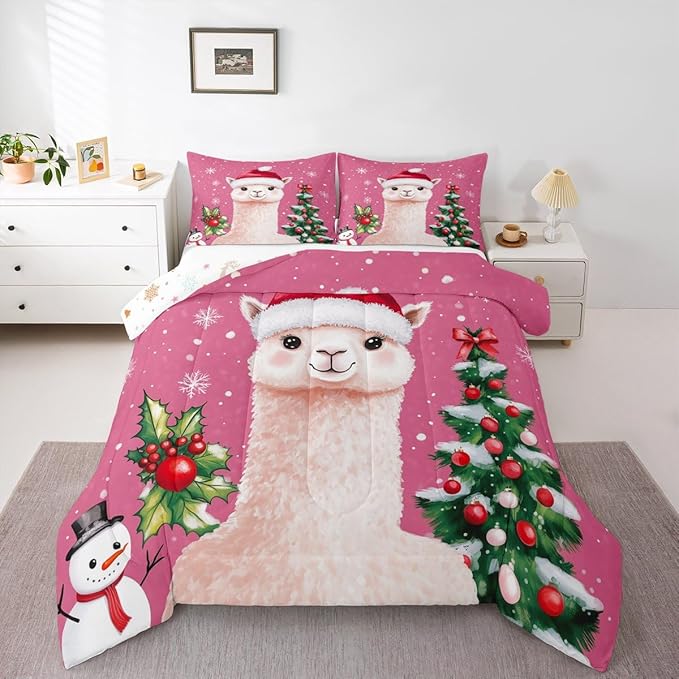 Feelyou Merry Christmas Bedding Set Soft for Boys Girls, Cute Llama Comforter Set Full Size Snowflake Duvet Quilt Microfiber Christmas Tree Bedroom Decor 3 Pcs with 2 Pillow Cases
