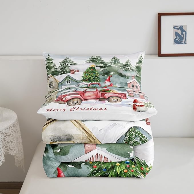 Red Old Truck Bedding Set Full Size,Christmas Tree Gnome Comforter Set for Kids Boys Girls Room Decor,Snowman Winter Rustic Style Duvet Insert 3Pcs,Merry Christmas Retro Quilt Set,2 Pillowcases