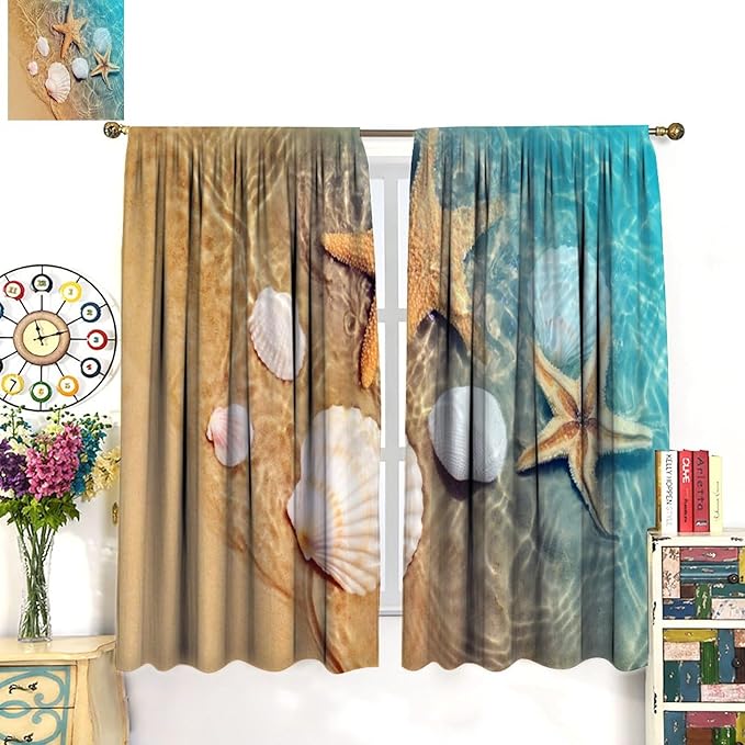 Beach Curtain for Bathroom Decor，Sea Turtle Starfish Seashell Nautical Ocean Coastal Scenery Art Printed Fabric Polyester Waterproof Set 2 Panels,42x63 Inches