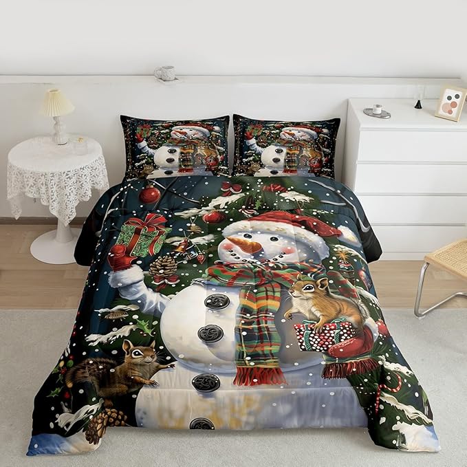 Feelyou Christmas Kids Comforter Set Toddler Size Snowman Squirrel Bedding Set Snowflake Gift Duvet Quilt for Kids Boys Girls Bedroom Branch Berry Decor Microfiber Ultra Soft Breathable