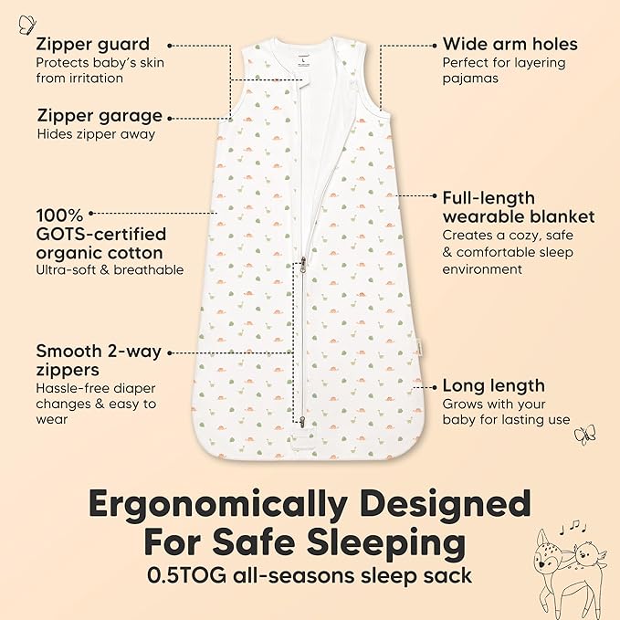 2-Pack Baby Sleep Sacks, Zipper Wearable Blanket - 0.5TOG Organic Cotton, Lightweight,Soft Cozy Toddler Sleeping Sack 6-12 months, Easy to Wear Large Newborn Transition Swaddles Sleepsacks (Roarsome)