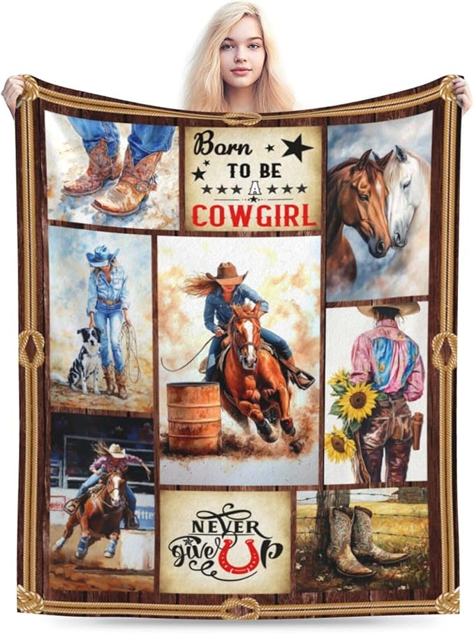 Cowgirl Racing Blanket Western Cowboy Throw Blanket Super Soft Flannel Lightweight Fluffy Plush Fuzzy Fleece Horse Blanket Gifts for Girls Woman Kids Prayer for Bed Sofa Bedding 50"X60"