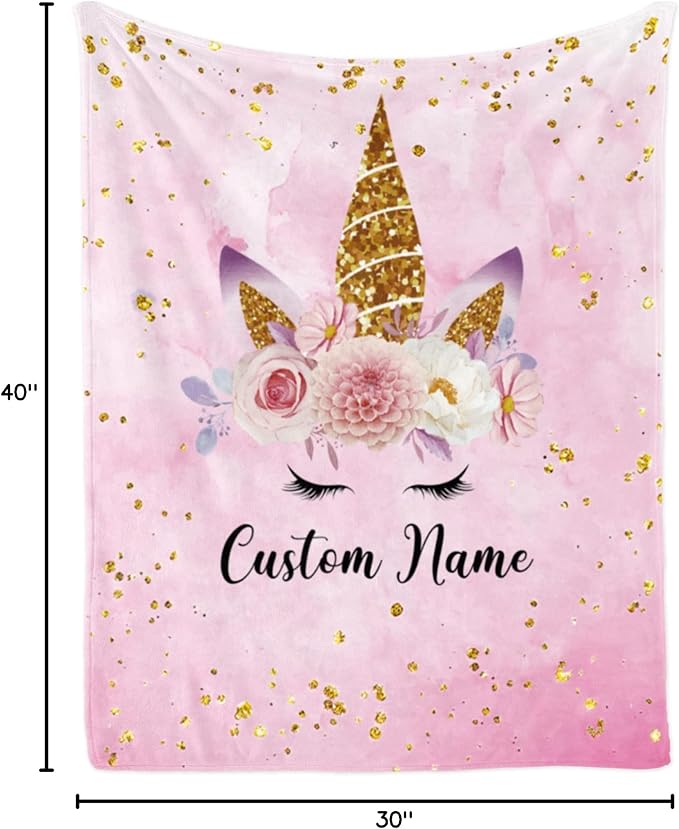 Personalized Unicorn Blanket with Name for Girl, Custom Kids, Soft Flannel Pink Toddler Customized Gift Birthday Christmas Baby Shower Newborn 30'' X 40''