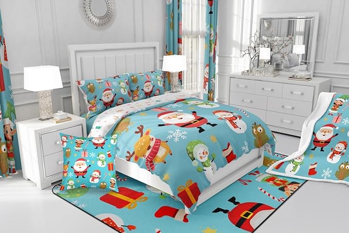 Erosebridal Merry Christmas Comforter Set Cartoon Santa Claus Quilts Twin Size Holiday Snowman Deer Elk Bedding Set Xmas Decor for Kids Boys Teens Cute Owl Animal Down Comforter,Blue