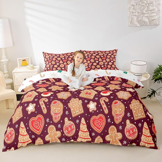 Christmas Duvet Cover Boys Christmas Gingerbread Man Bedding Set for Kids Teens Ultra Soft Snowflake New Year Comforter Cover Set Xmas Theme Bedspread Cover Room Decor Queen Size Bedclothes Zipper