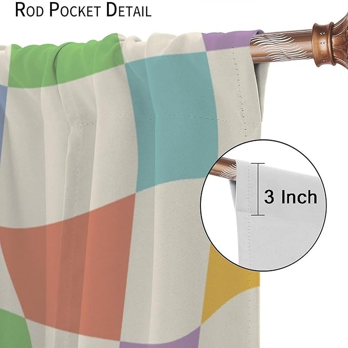 Checkered Curtains,70s Vintage Twisted Checkered Window Drapes Colorful Groovy Trendy Wavy Hippie Grid Print Window Treatments for Kids Girls Bedroom Living Room Bathroom 42" W X 63" L