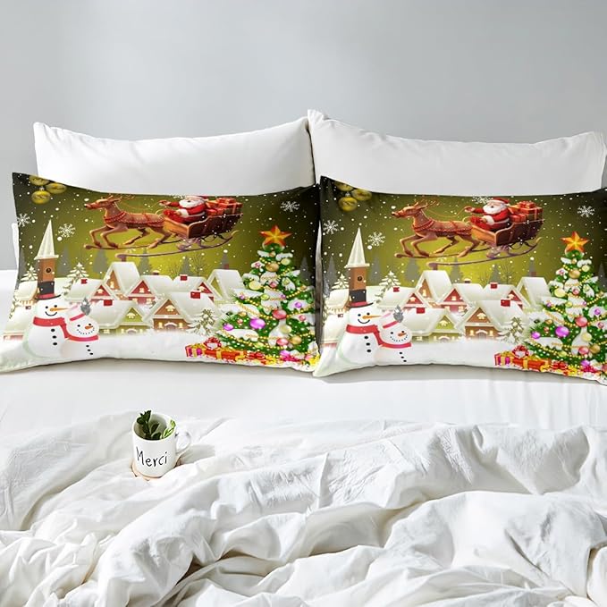 Manfei Christmas Duvet Cover Set King Size, Xmas Tree Snowman Comforter Cover with 2 Pillowcases, Santa Claus with Deer Bedding Set for Kids Boys Girls New Year Theme Bedspread Cover, No Comforter