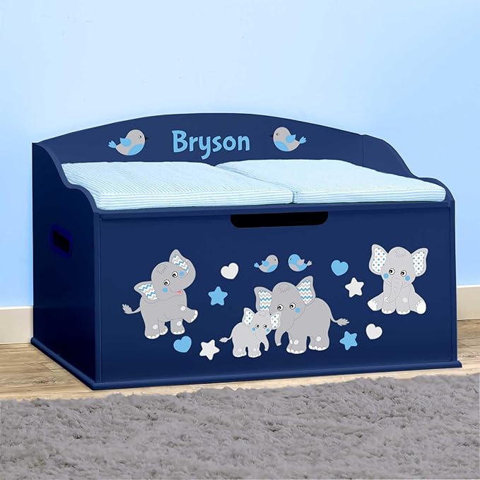 DIBSIES Personalized Creative Wonders Toy Box, Blue Elephants, 30 x 19.25 x 18 inches, Soft-Close Lid (Blue)