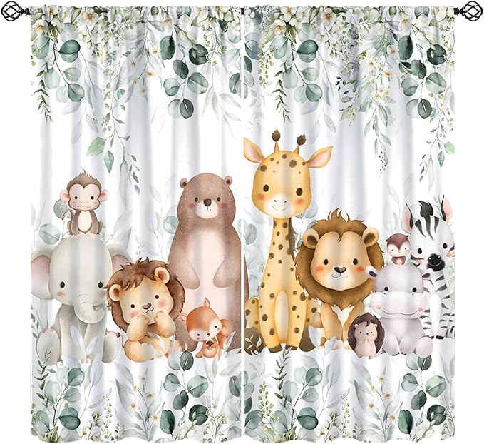 Kids Safari Animal Curtains Woodland Wildlife Jungle Animals Window Treatments for Boys Girls Bedroom Cute Cartoon Lion Nursery Children Drapes for Living Room W42xL63(Decor)
