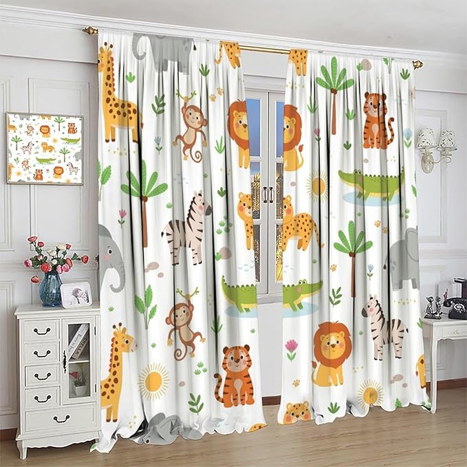 Cartoon Animal Curtains, Safari Woodland Jungle Forest Wildlife Blackout Window Treatments, Rod Pocket Thermal Insulated Drapes 2 Panel Sets for Kids Bedroom Nursery Classroom, 84" W X 84" L