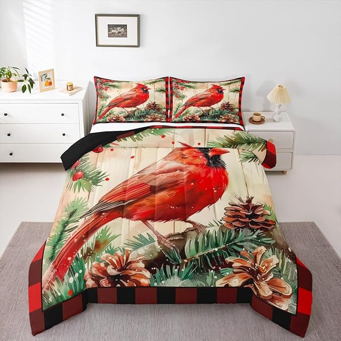 jejeloiu Kids Red Cardinal Comforter Set Toddler Christmas Red Black Plaid Bedding Set for Boys Girls Teens Xmas Birds Winter Rustic Wood Plank Animal Duvet Quilt Room Decor
