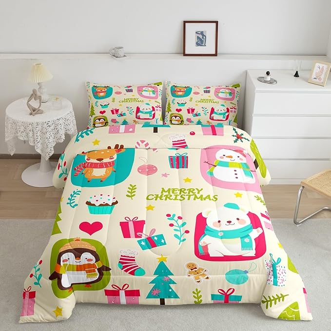 Erosebridal Merry Xmas Comforter Set Toddler Size Christmas Tree Quilt for Kids Boys Girls Cartoon Penguin Bear Bedding Set Cute Deer Elk Duvet Insert with 1 Pillow Case