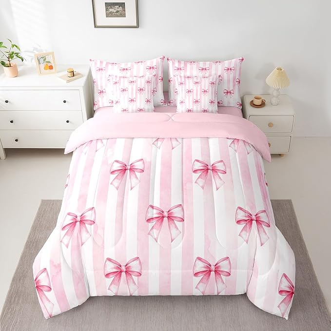 7 Pieces Pink Bowknot Kids Comforter Queen,Bow Tie Geometric Stripe Bedding Set,Butterfly Knot Princess Style Fashion Pink Romantic（Comforter+Fitted+Flat Sheet+2 Pillowcases+2 Throw Pillow Covers）