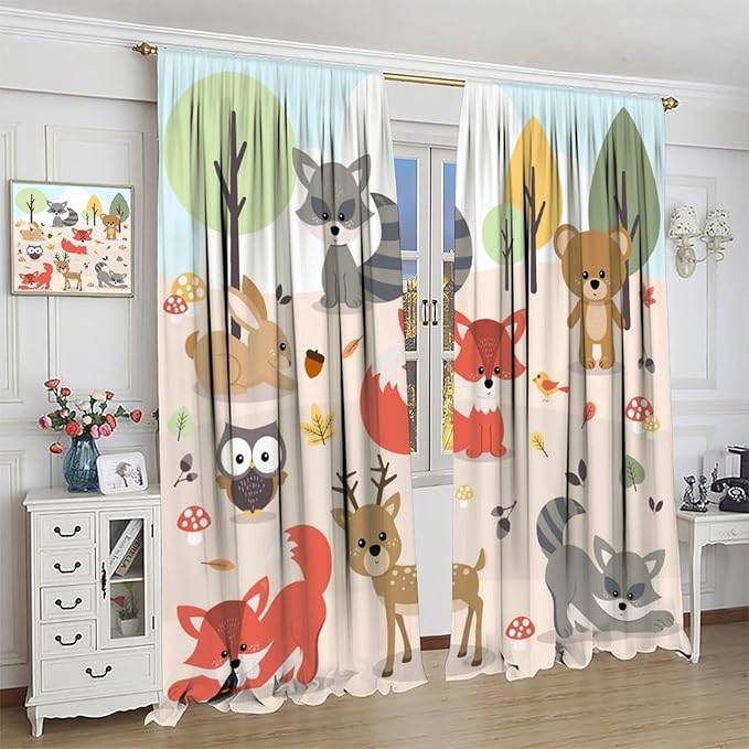 Kids Cartoon Forest Animal Curtains, Cute Woodland Animal Window Treatments for Bedroom Wildlife Fox Bear Deer Bunny Bird Blackout Window Drapes for Girls Boys Nursery Toddler Playroom 72x63in