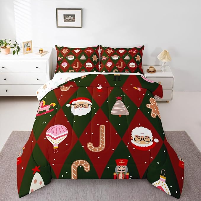 Feelyou Merry Christmas Bedding Set Soft for Boys Girls, Santa Claus Comforter Set Full Size Xmas Tree Nutcracker soldier Duvet Quilt Microfiber Gingerbread Man Bedroom Decor 3 Pcs with 2 Pillow Cases