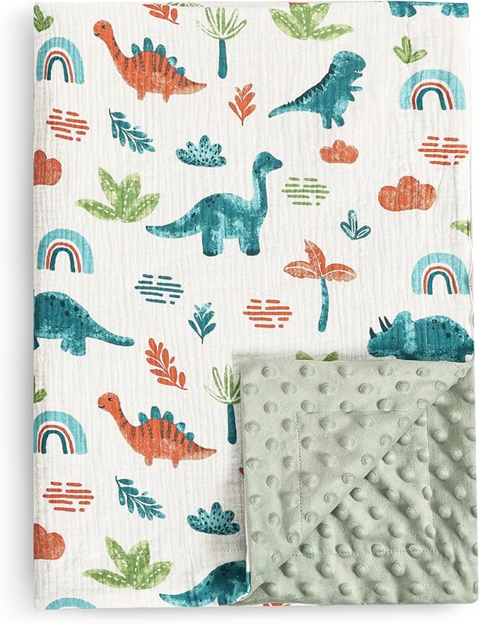david's kids Muslin Minky Baby Blanket for Boys Girls with Muslin Cotton Front and Dotted Fleece Backing, Breathable and Soft Lightweight Receiving Blanket for Newborns, 40x50 Inches, Dinosaur