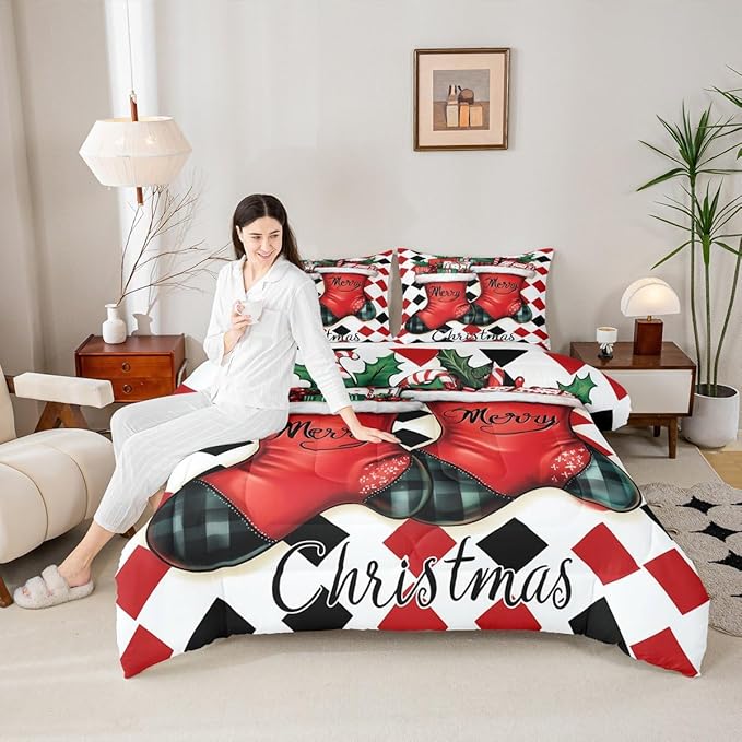 Feelyou Merry Christmas Comforter Set King Size Cartoon Shoes Bedding Set for Kids Boys Girls Duvet Quilt Winter Bedroom Decor Microfiber 3 Pcs with 2 Pillow Cases