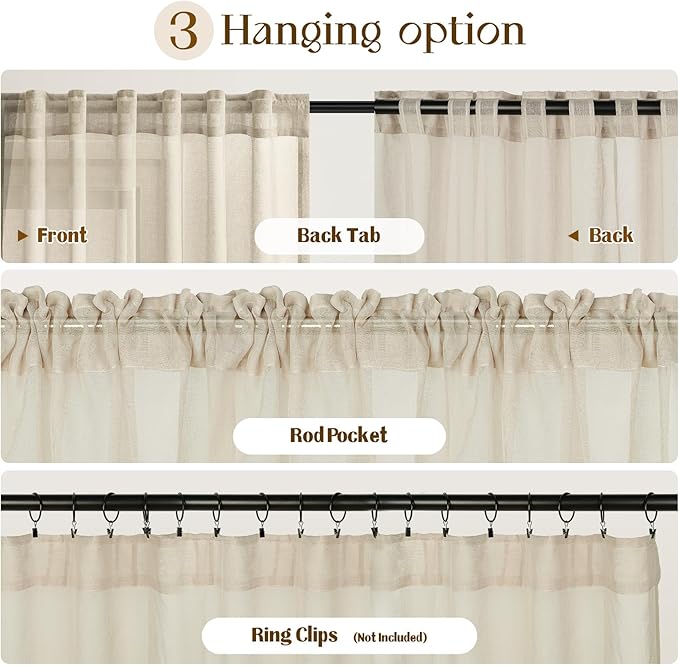 Dreaming Casa Taupe Sheer Curtains 96 Inches Long, Rod Pocket & Back Tab Light Filtering Textured Sheers for Living Room Bedroom, 2 Panels, Each 52" W x 96" L