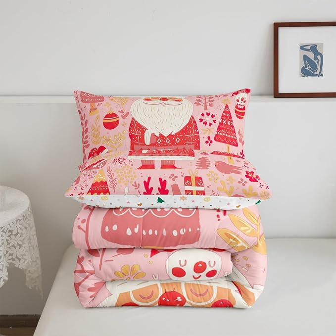 Feelyou Cute Santa Claus Bedding Set for Kids Boys Girls King Size Xmas Deer Elk Decor Comforter Set Ultra Soft Comforter Xmas Tree Duvet Quilt Bedroom Decor Christmas Decor Quilt