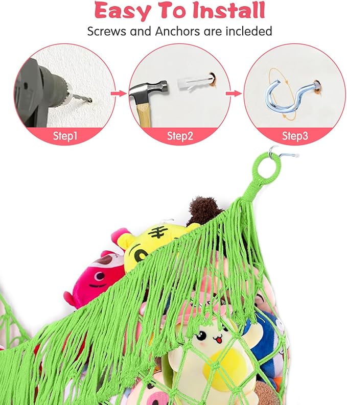 Stuffed Animal Hammock - Extra Large 56'' Long, Stuffed Animal Storage, stuffed animal Holder net, Toy Hammock Large, Toy Storage Hanging Organizer - Apple green